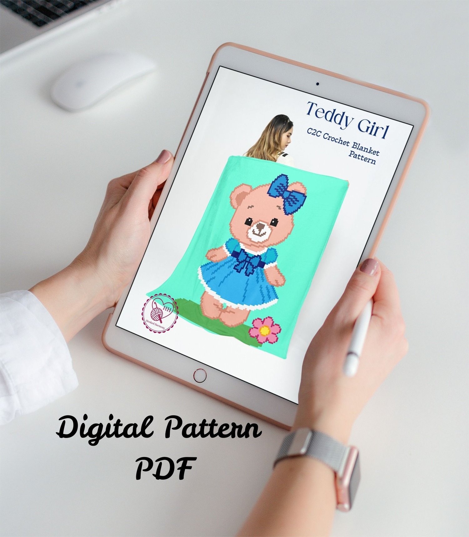 Digital C2C crochet blanket pattern PDF displayed on tablet with teddy bear design.