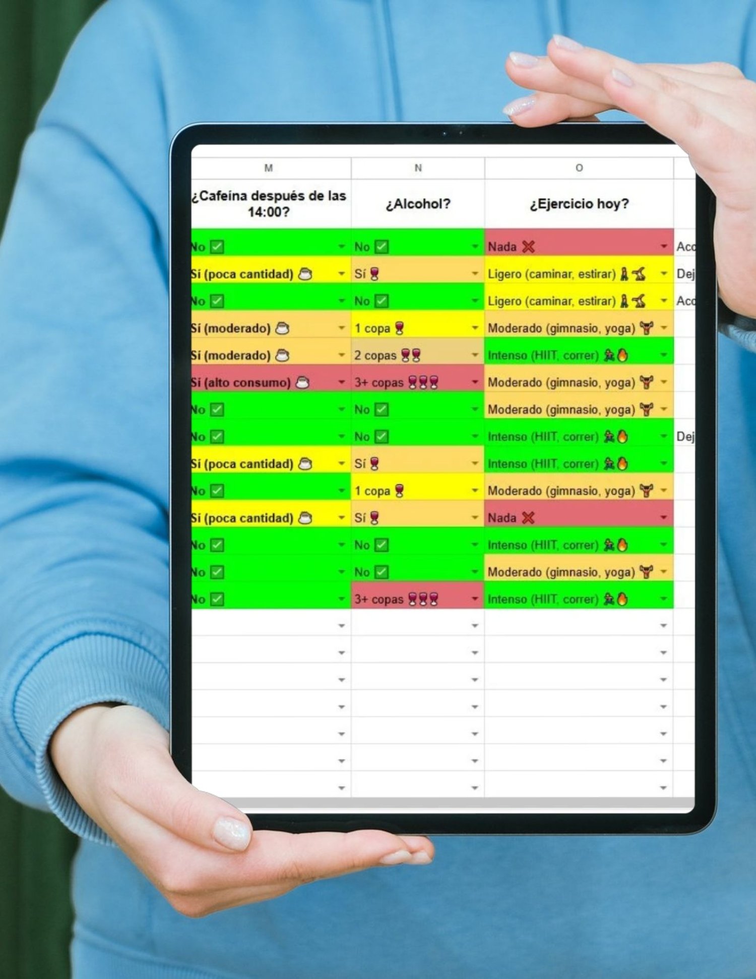 Vista de una tablet mostrando el registro de hábitos del Diario de Sueño Pro, con seguimiento de cafeína, alcohol y ejercicio mediante un sistema de colores automático para optimizar el descanso.