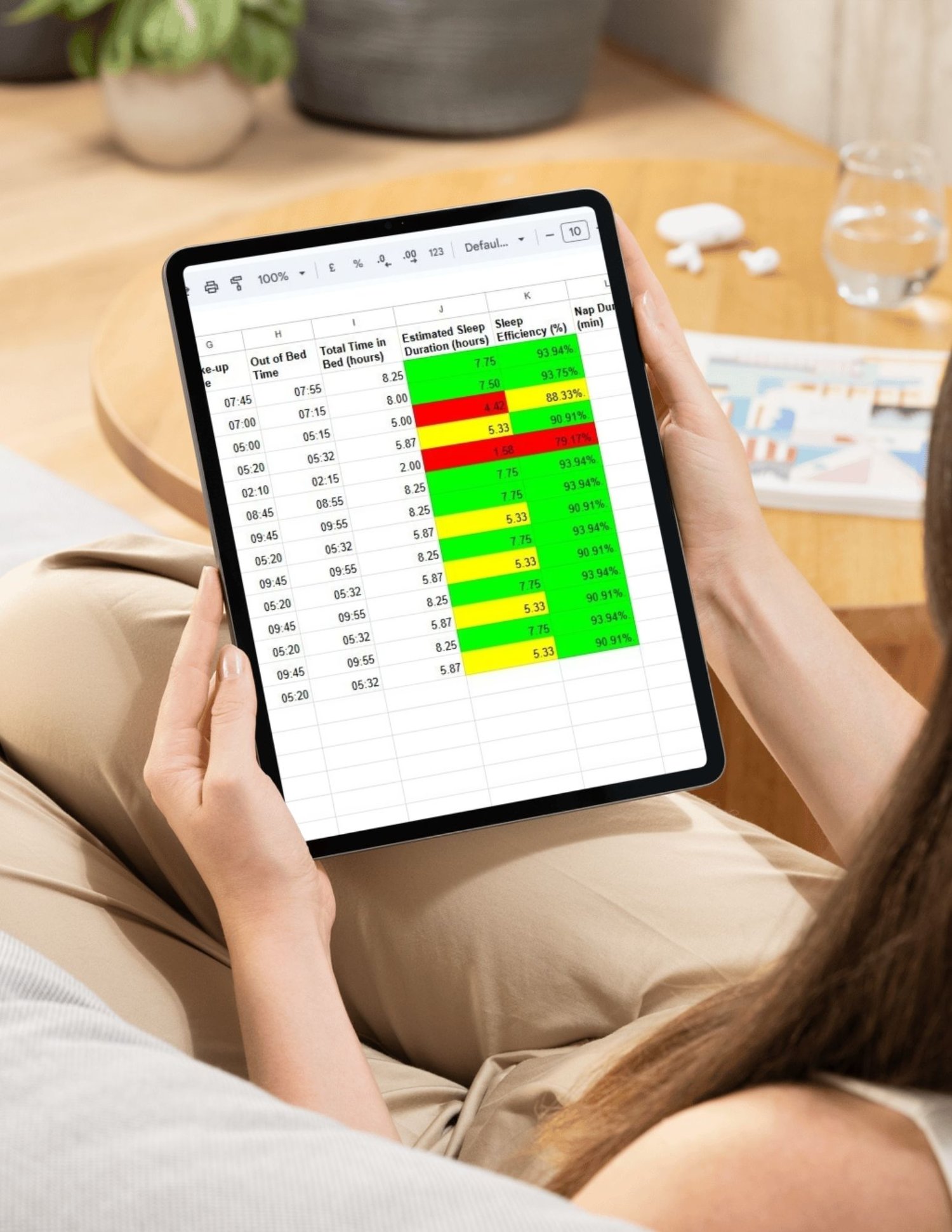 Tablet mockup of the professional Sleep Log spreadsheet with automated data visualization, highlighting the portable and user-friendly design of the Google Sheets tool.