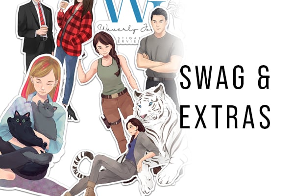 A collection of character illustration stickers on a white background and the words "Swag & Extras"