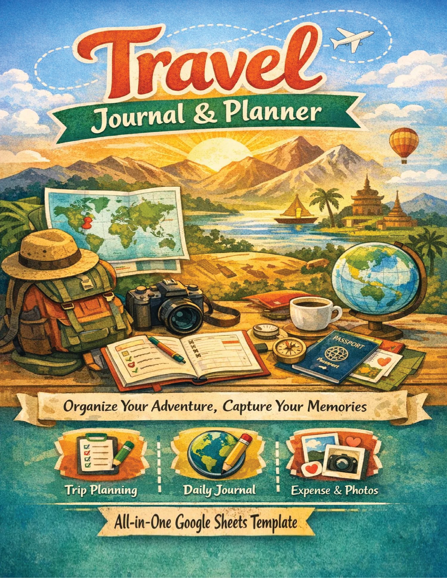 Digital Solo Travel Planner and Budget Tracker for Google Sheets with trip organization dashboard.