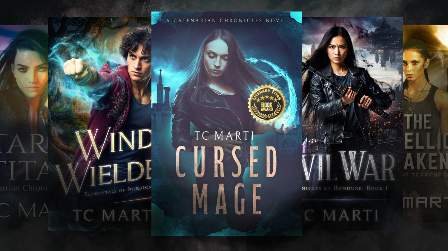Promotional image featuring five Renegades Epic series starters by TC Marti, with Cursed Mage highlighted at the center and other fantasy and sci-fi titles displayed behind it.