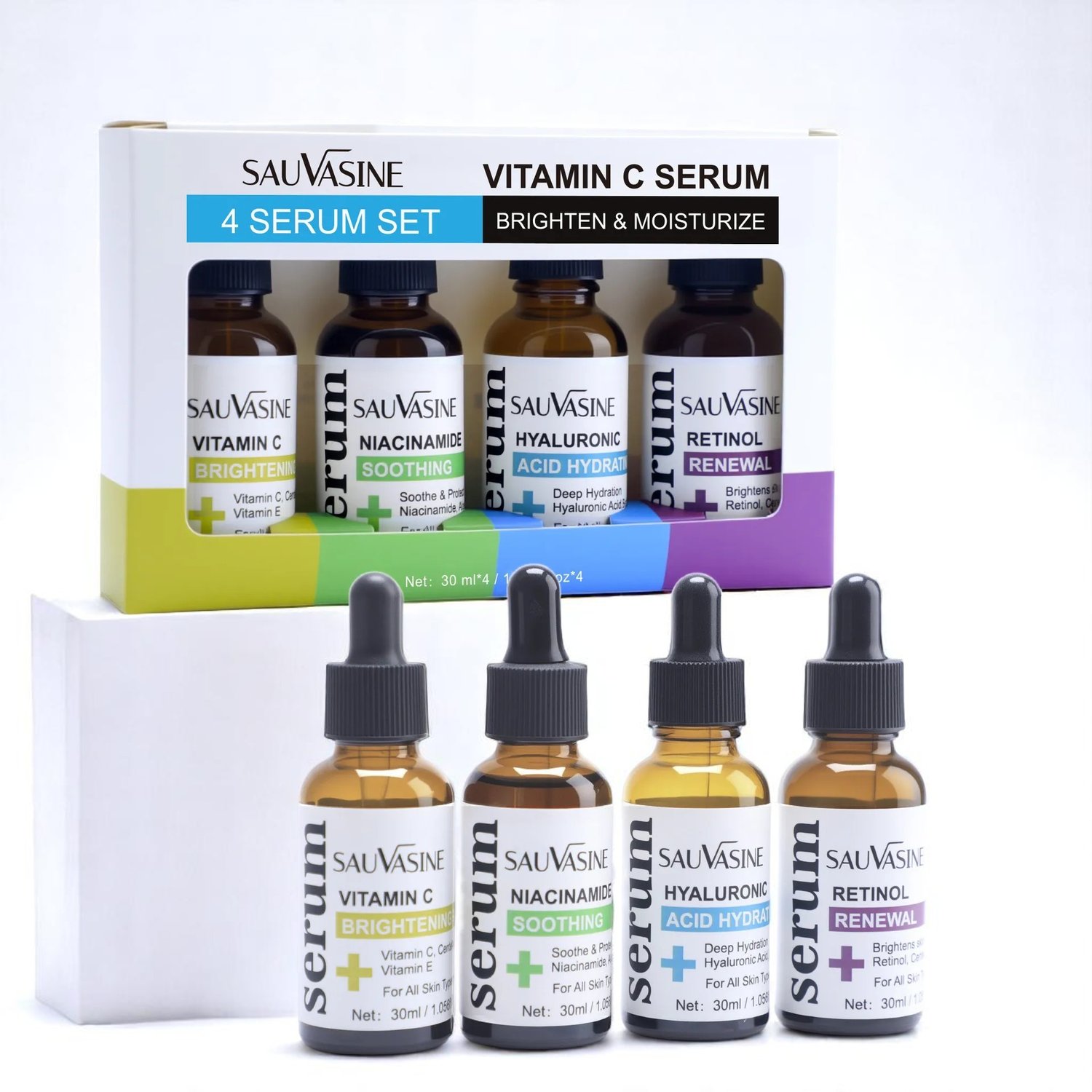 Multi-benefit facial serum set for soothing, renewing and moisturizing skin