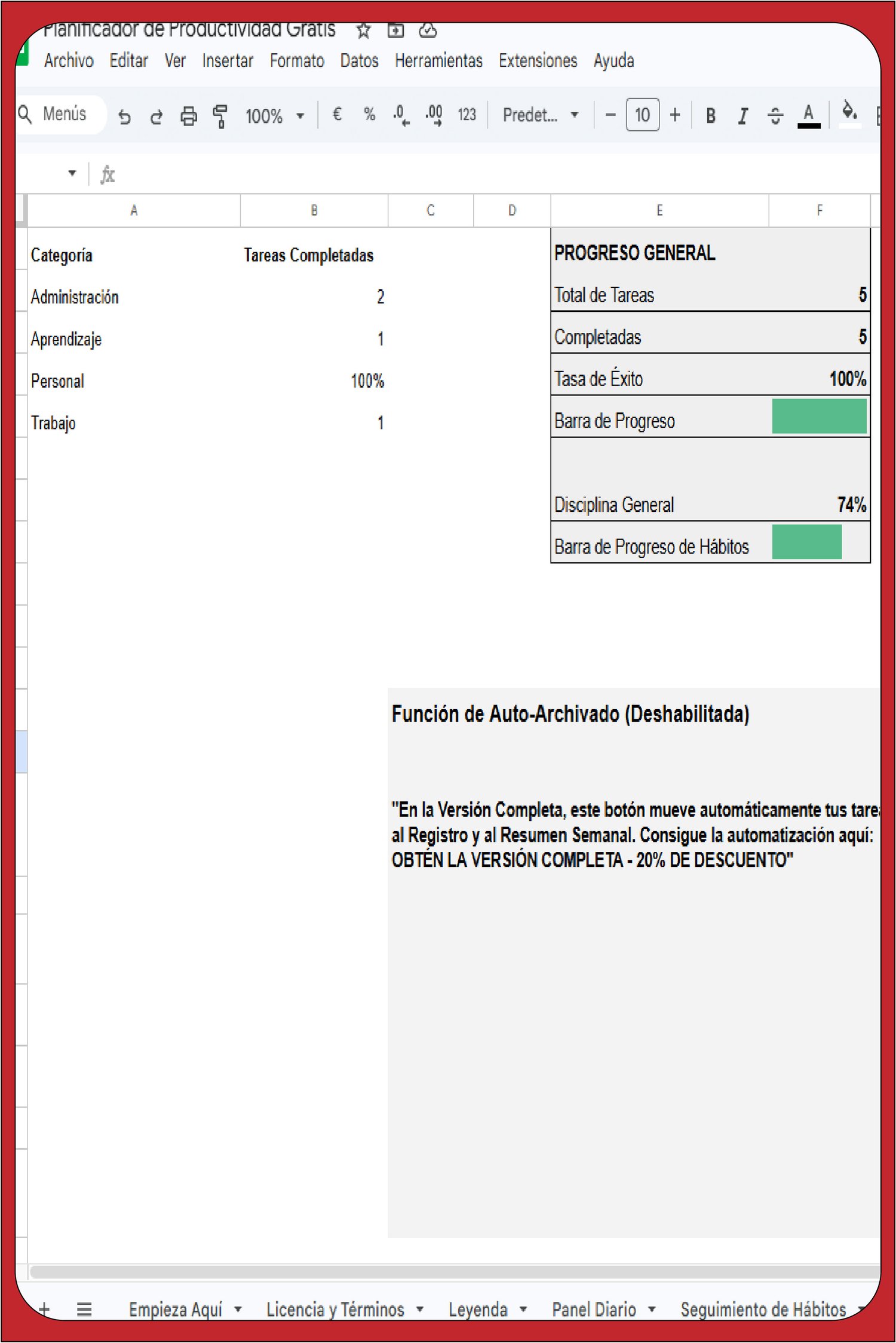 Resumen de progreso semanal en Google Sheets en español con barras verdes y estadísticas de tareas
