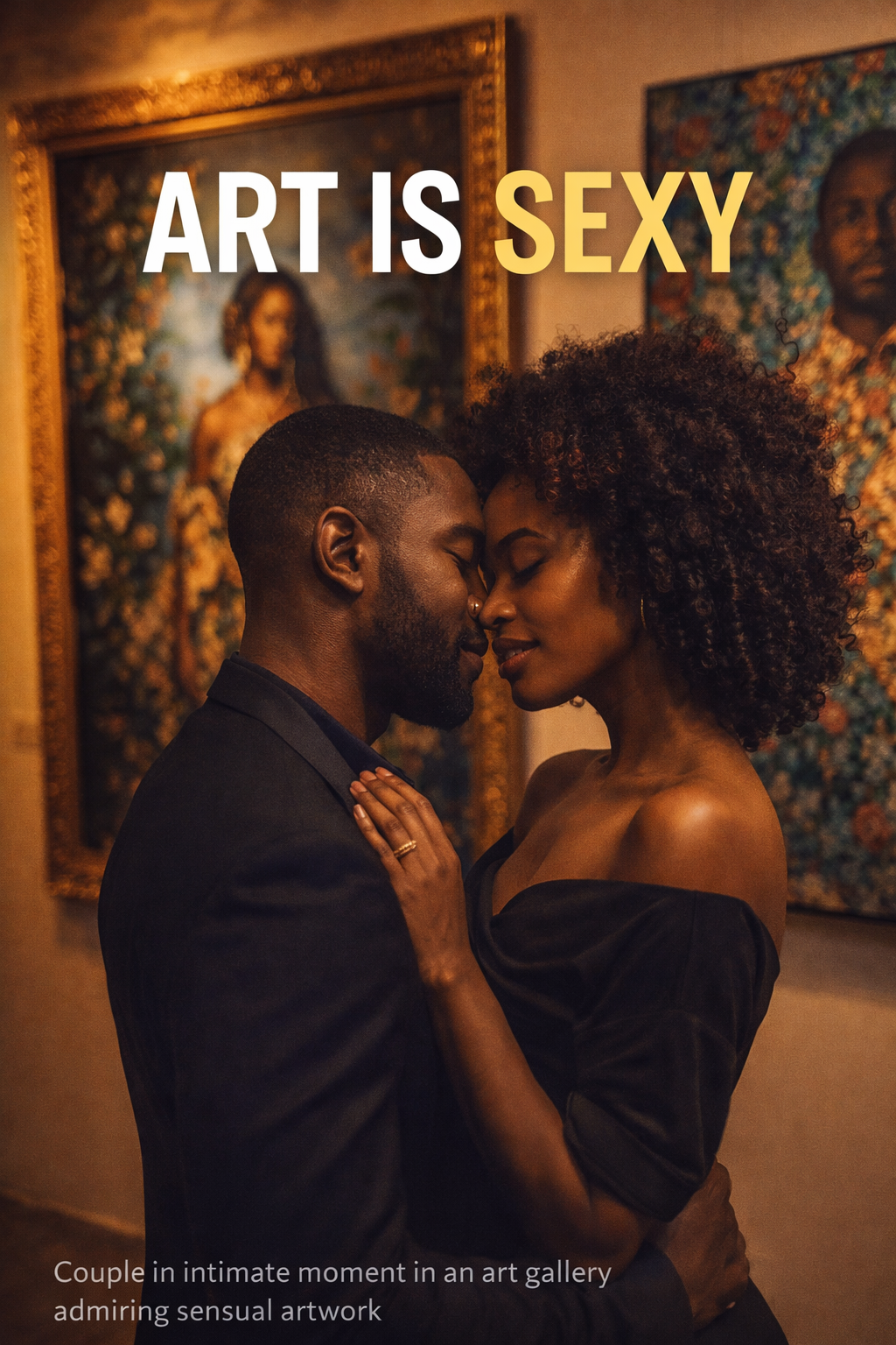Black couple in intimate moment in an art gallery admiring sensual artwork