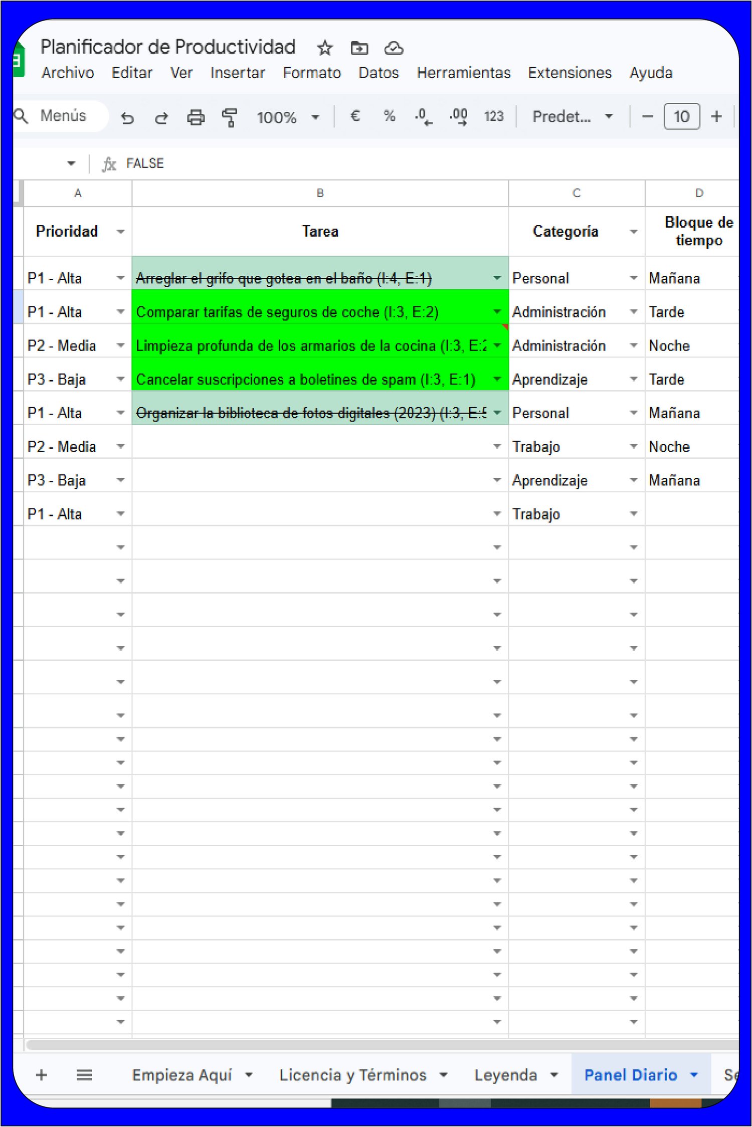 Tabla de planificación de tareas diarias con filtros de prioridad (Alta, Media, Baja) y asignación de bloques horarios para una gestión eficiente del tiempo