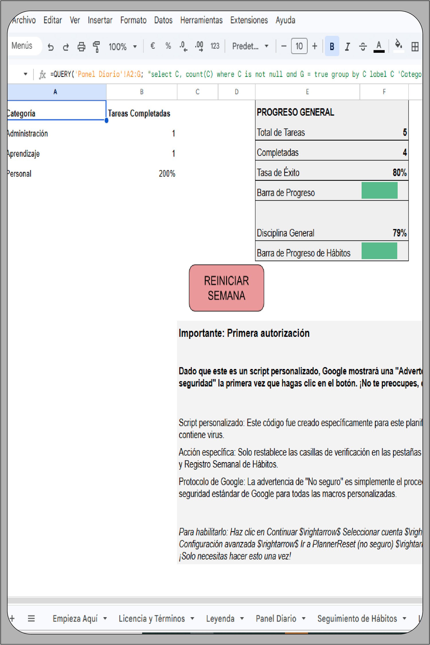 Resumen semanal de progreso general con barras de éxito y botón automático para reiniciar tareas y hábitos de la semana