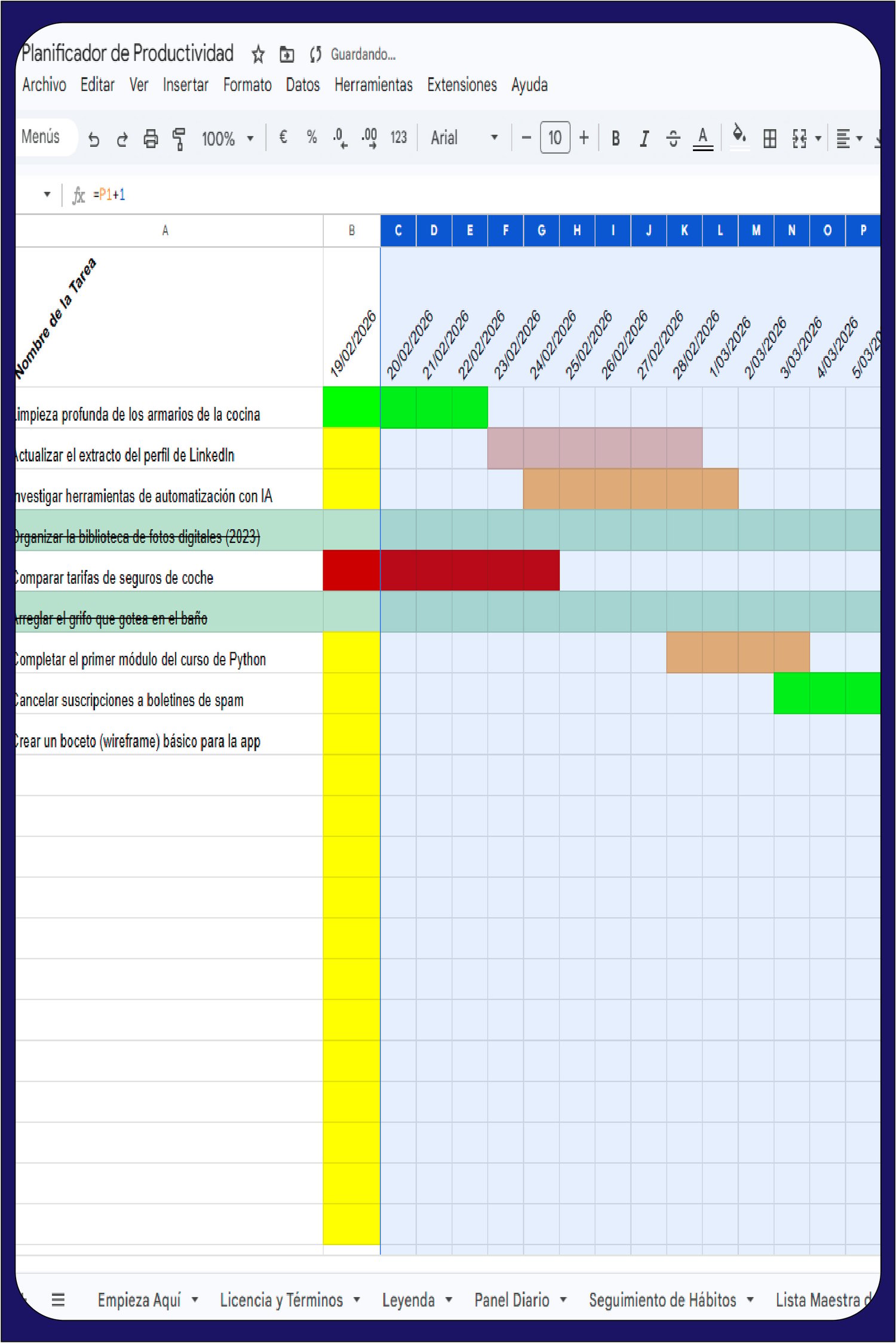 Gráfico de Gantt en Google Sheets: visualización de cronograma de tareas con barras de colores por fechas y proyectos
