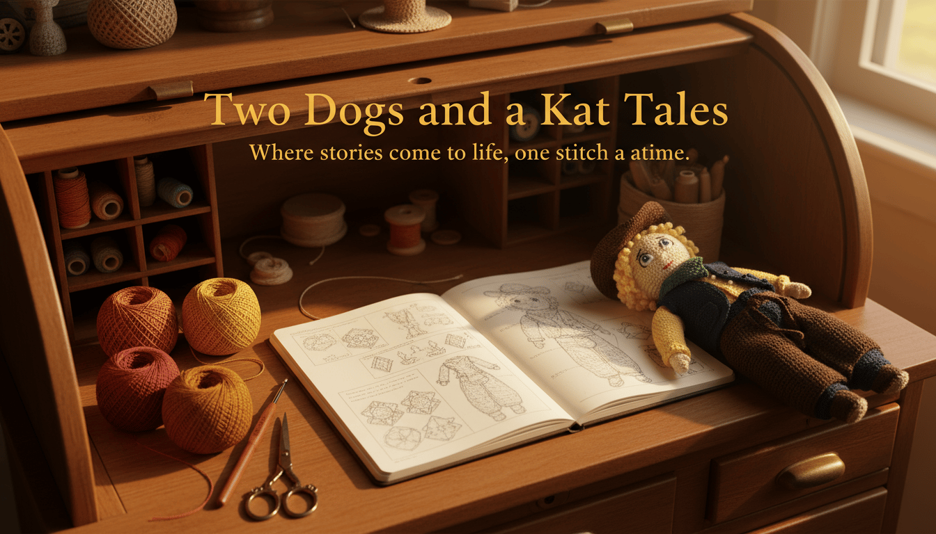 Two Dogs and a Kat Tales desk top showing Cowboy Simon doll & pattern