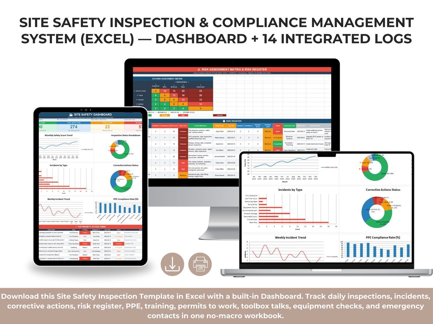 Site Safety Inspection Template Excel Dashboard showing inspections, incidents, and corrective actions for construction safety management