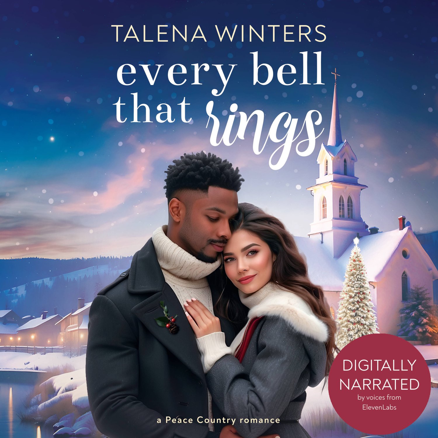 Audiobook cover for romantic womens fiction novel Every Bell that Rings (Peace Crossing Book 2) by Talena Winters. A sweet interracial Biracial Black Man and White Woman couple in love wear winter clothing and embrace in front of a snowy small-town lands