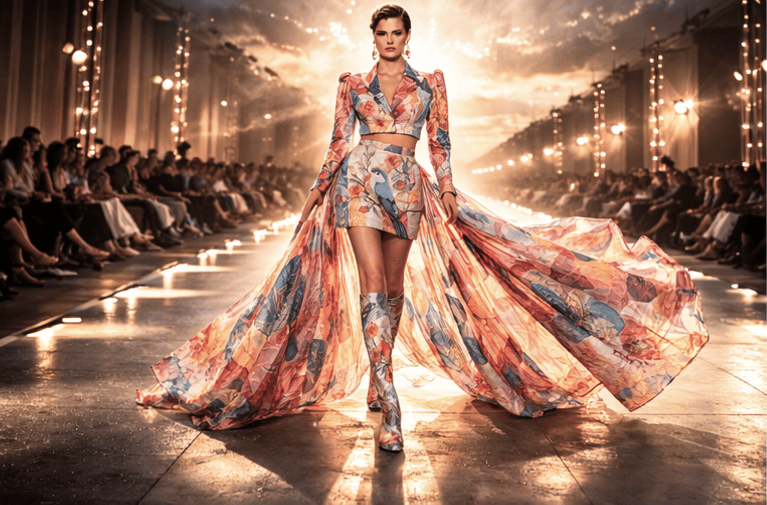 floral couture, runway fashion, pastel fashion editorial, bird print dress, luxury fashion photography, haute couture outfit, magazine cover image, designer fashion look.fashion mockup editorial mockup magazine cover mockup luxury fashion display runway p