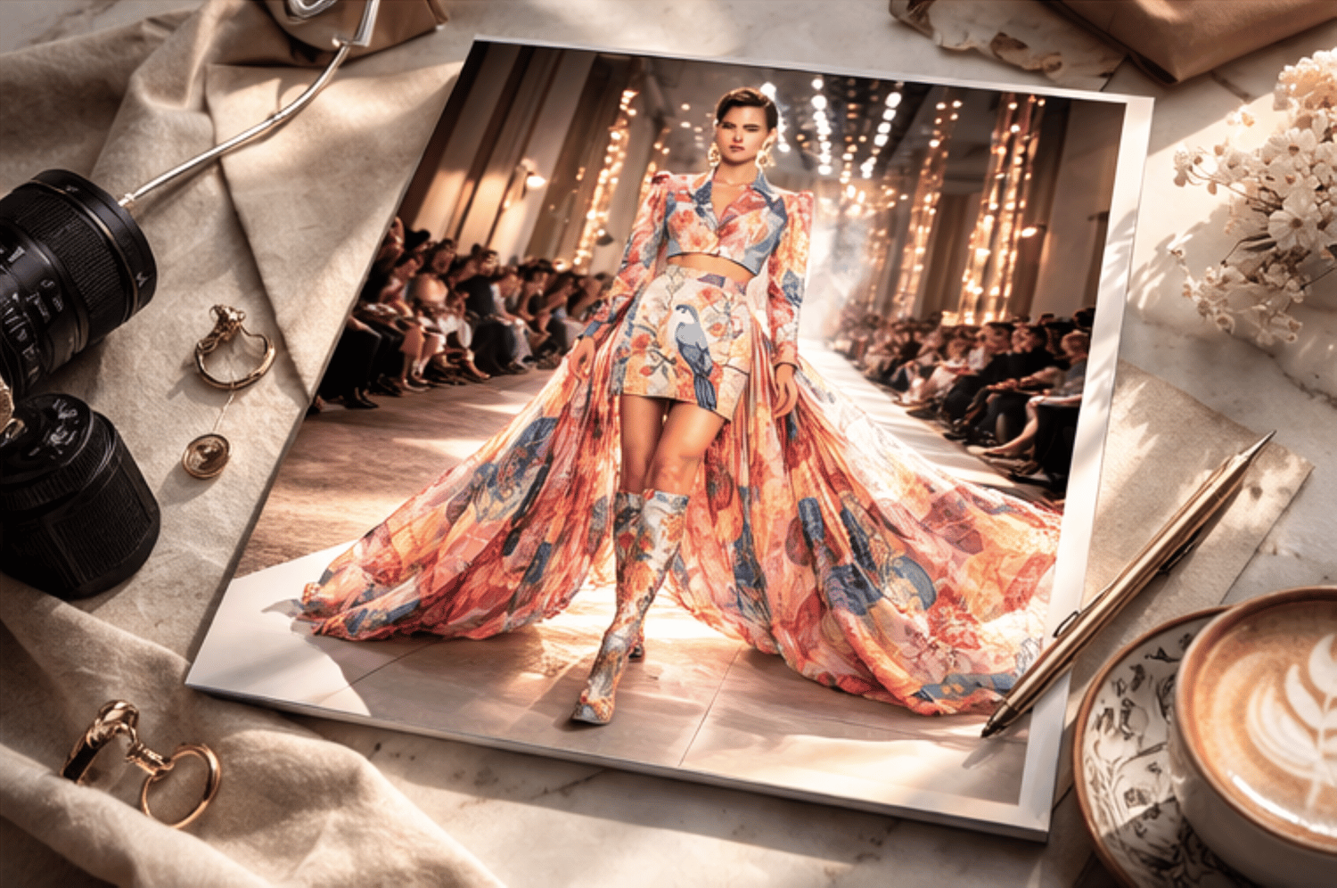 floral couture, runway fashion, pastel fashion editorial, bird print dress, luxury fashion photography, haute couture outfit, magazine cover image, designer fashion look.fashion mockup editorial mockup magazine cover mockup luxury fashion display runway p