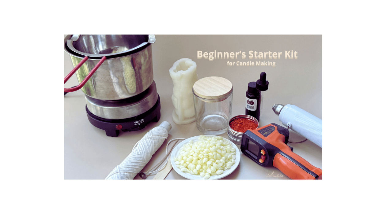 Beginner candle making starter kit with wax, wick, fragrance oil, tools and melting equipment