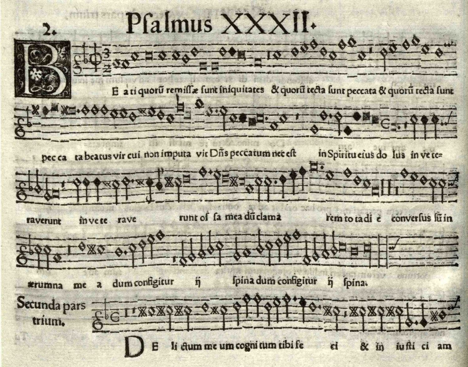 A page from a 1586 part-book (probably the top voice, or cantus) showing a setting of Psalm 32 by Simon Bar Jona Madelka, Public domain, via Wikimedia Commons