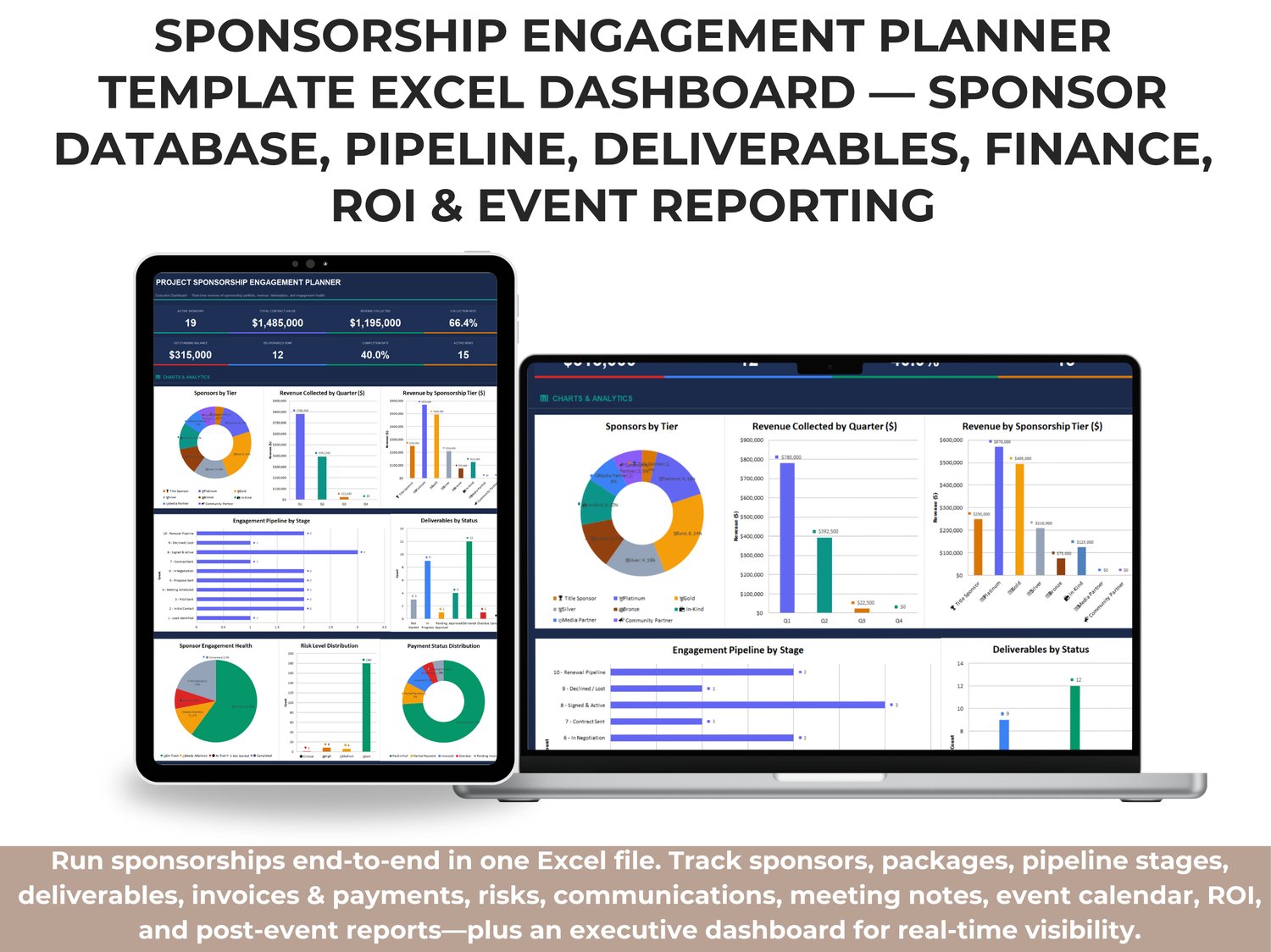 Alt Text: Sponsorship Engagement Planner Excel dashboard showing active sponsors, total contract value, revenue collected, outstanding balance, deliverables completion, active risks, and charts for pipeline, tiers, payments, and ROI.