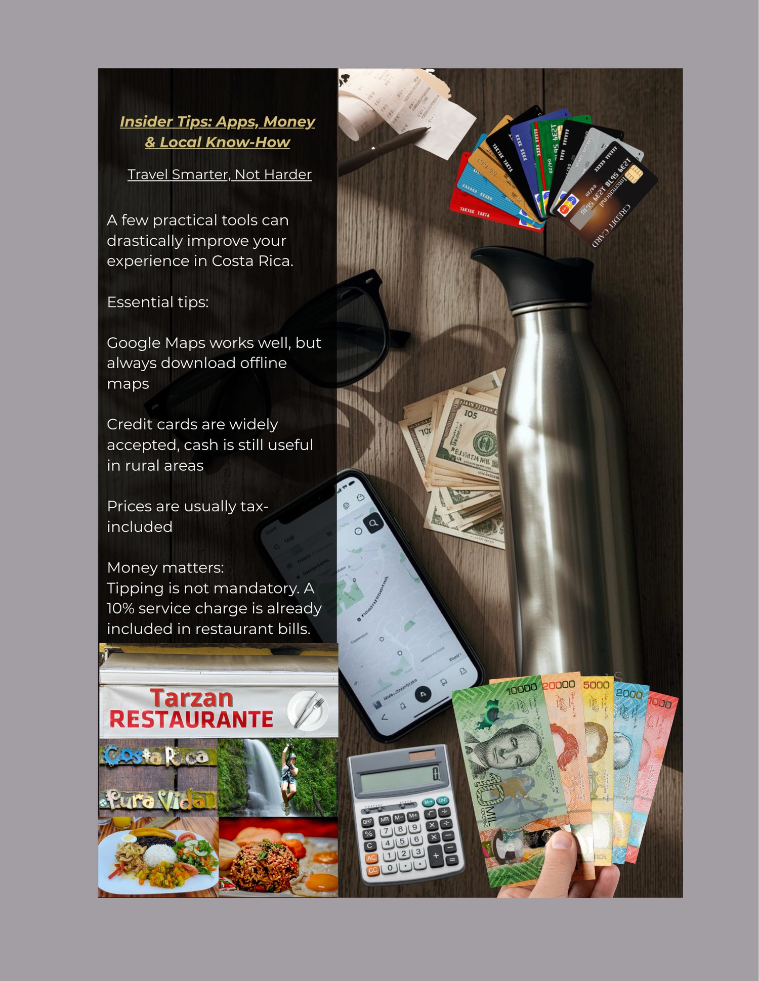 Costa Rica travel tips page: Essential guide for apps, money, and local know-how. Info on Google Maps offline, credit card usage, Colones cash, and 10% tipping rules in restaurants. Practical travel advice for Costa Rica 2026.