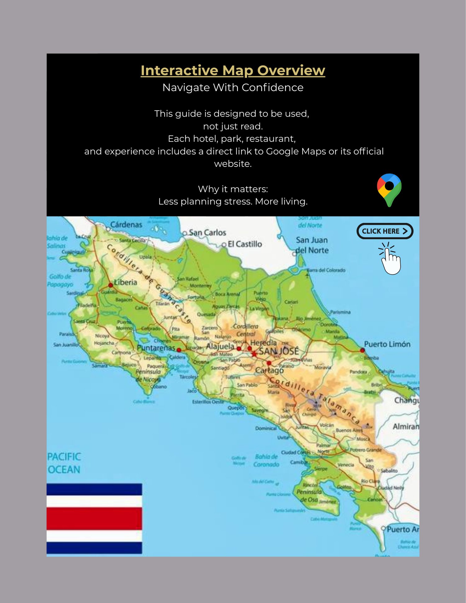 Interactive Costa Rica travel map with Google Maps hyperlinks. Direct navigation to top destinations on page 51 of the 2026 Ultimate Guide.