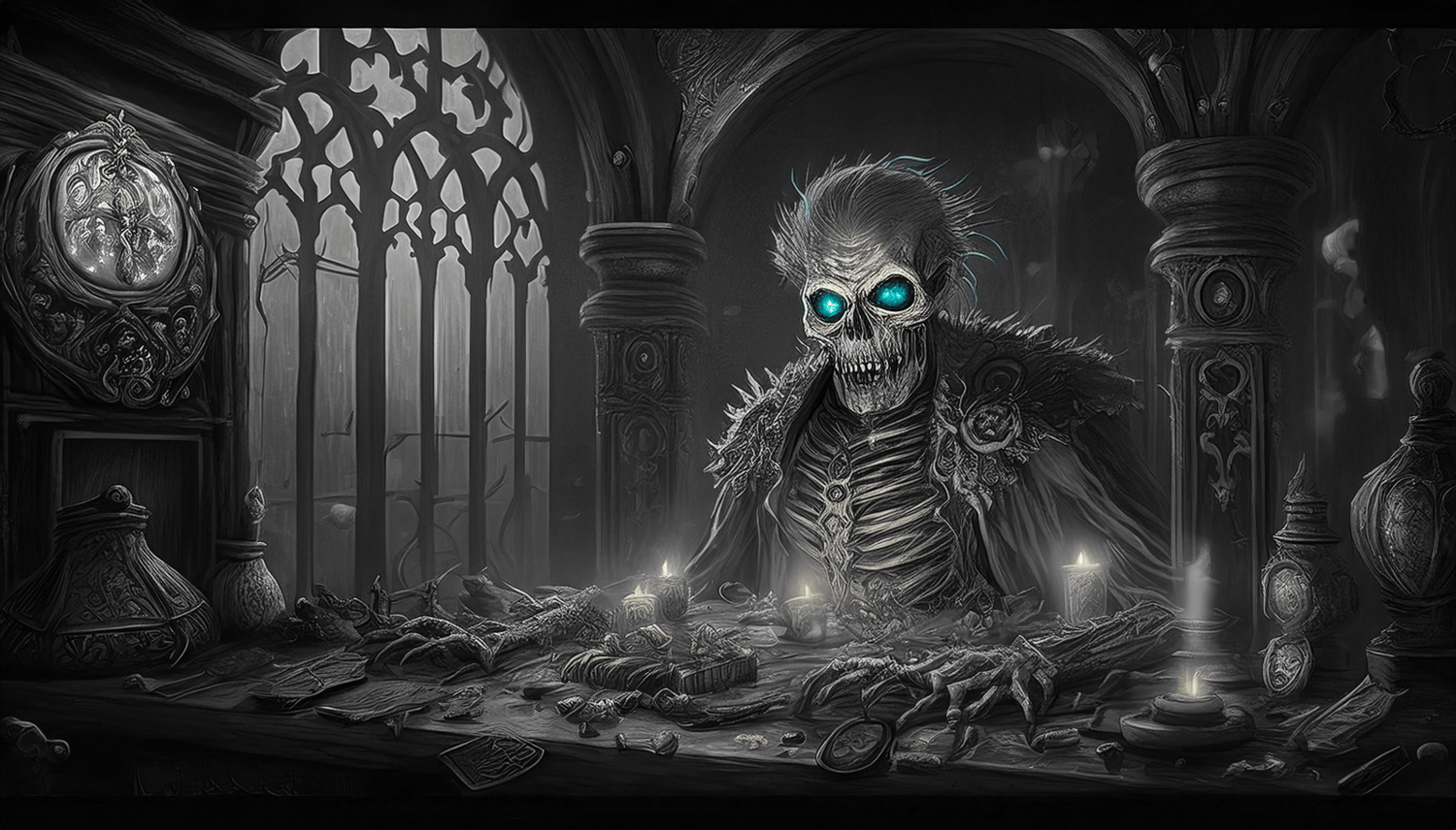 greyscale skeleton in a gothic room seated at a desk before money with glowing blue eyes copyrighted by cryptcrafted by cadaver feet
