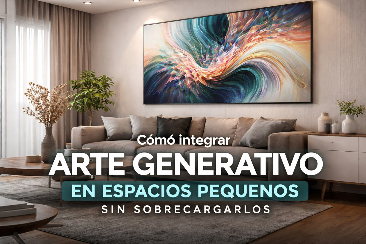 Obra de arte generativo en salón moderno minimalista integrada en espacio pequeño con decoración contemporánea y equilibrio visual.