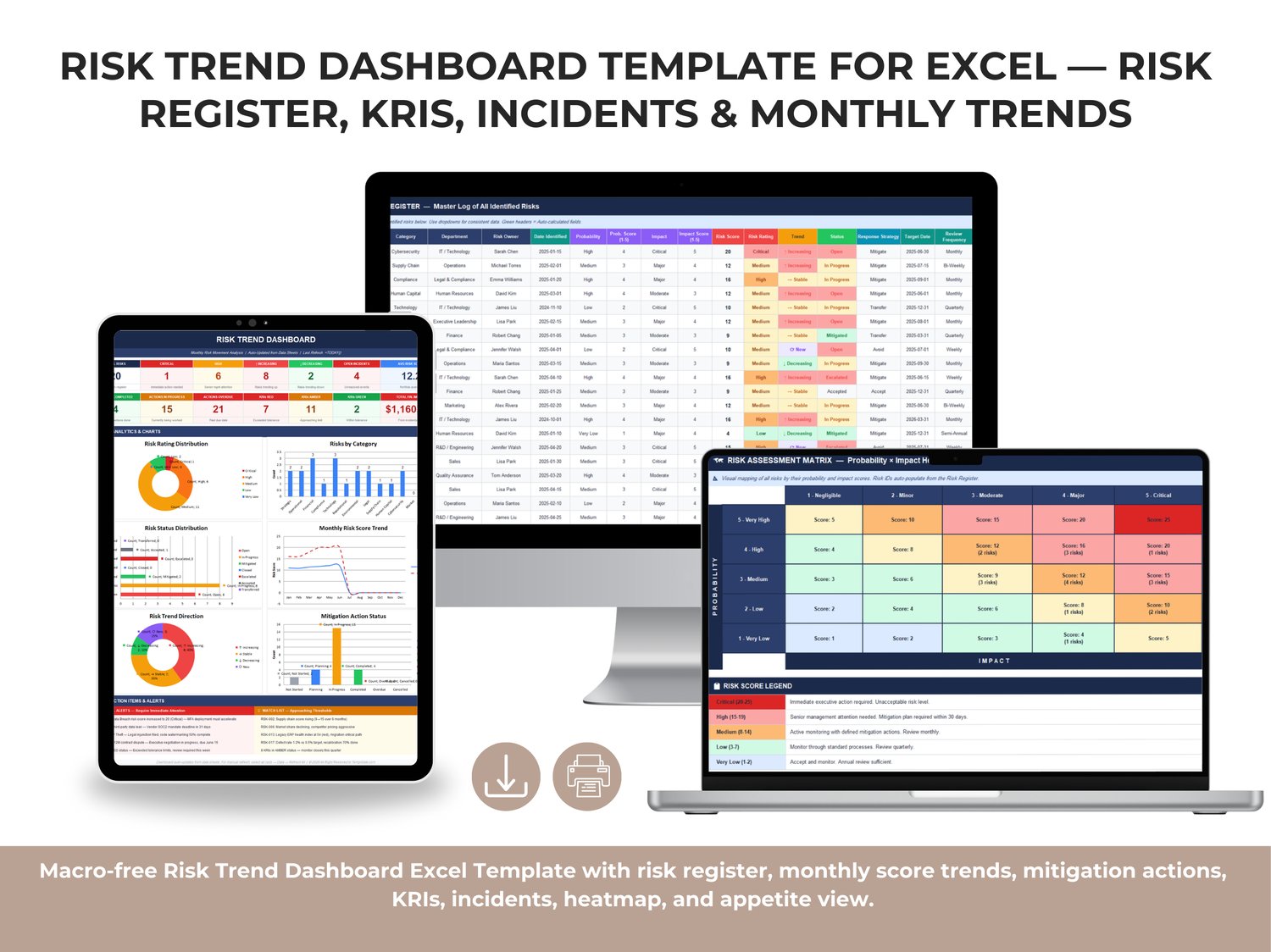 Risk Trend Dashboard template for Excel with executive KPI cards, risk trend charts, risk rating distribution, incidents, KRIs, and financial impact.