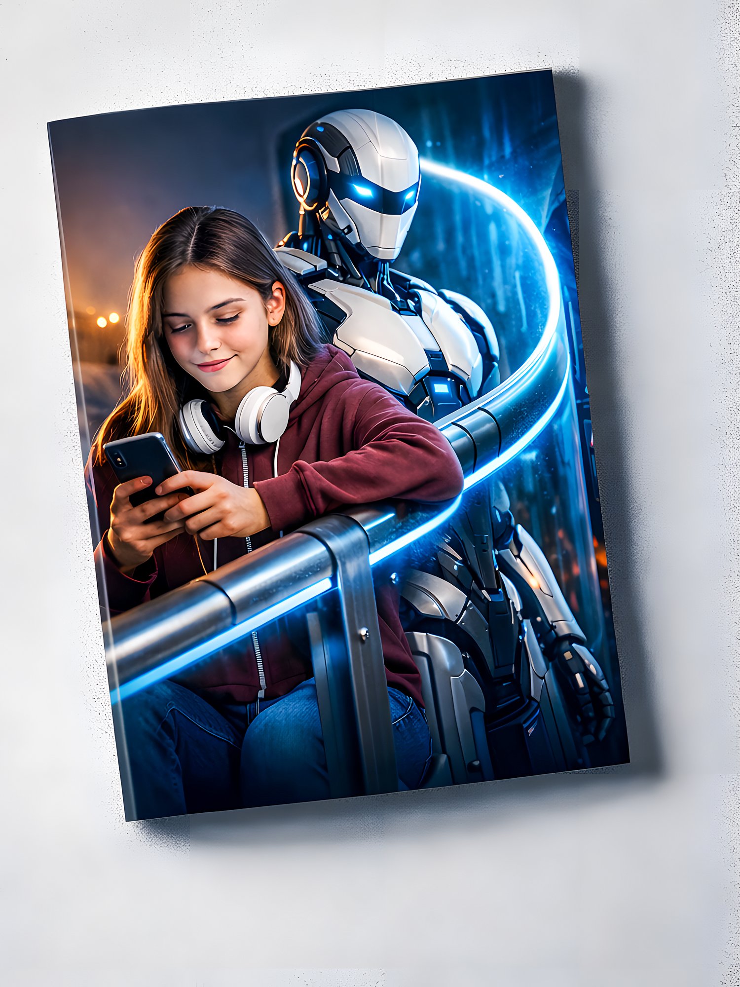 AI guardian, online safety, teen internet protection, artificial intelligence art, human AI collaboration, digital security concept, cybersecurity awareness, futuristic robot protector, safe browsing teen, AI sentry, technology editorial artwork, high res