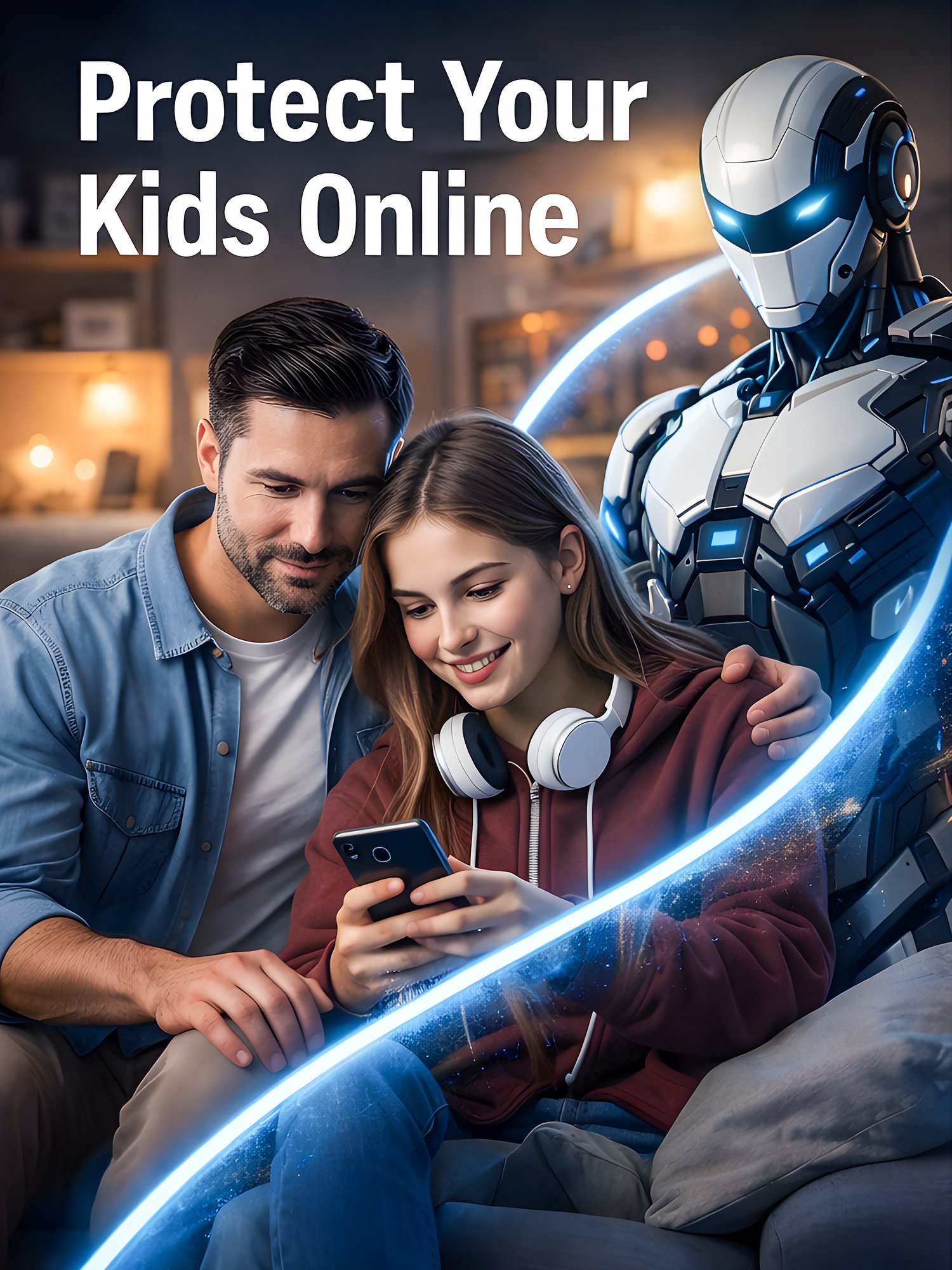 AI guardian, online safety, teen internet protection, artificial intelligence art, human AI collaboration, digital security concept, cybersecurity awareness, futuristic robot protector, safe browsing teen, AI sentry, technology editorial artwork, high res