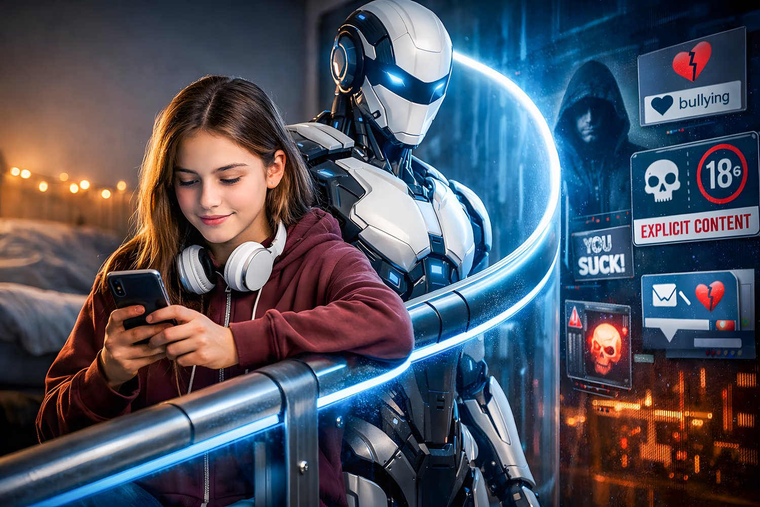 AI guardian, online safety, teen internet protection, artificial intelligence art, human AI collaboration, digital security concept, cybersecurity awareness, futuristic robot protector, safe browsing teen, AI sentry, technology editorial artwork, high res