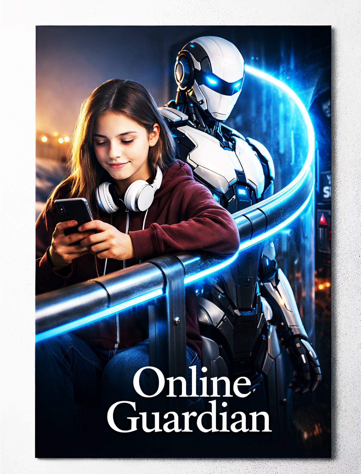 AI guardian, online safety, teen internet protection, artificial intelligence art, human AI collaboration, digital security concept, cybersecurity awareness, futuristic robot protector, safe browsing teen, AI sentry, technology editorial artwork, high res
