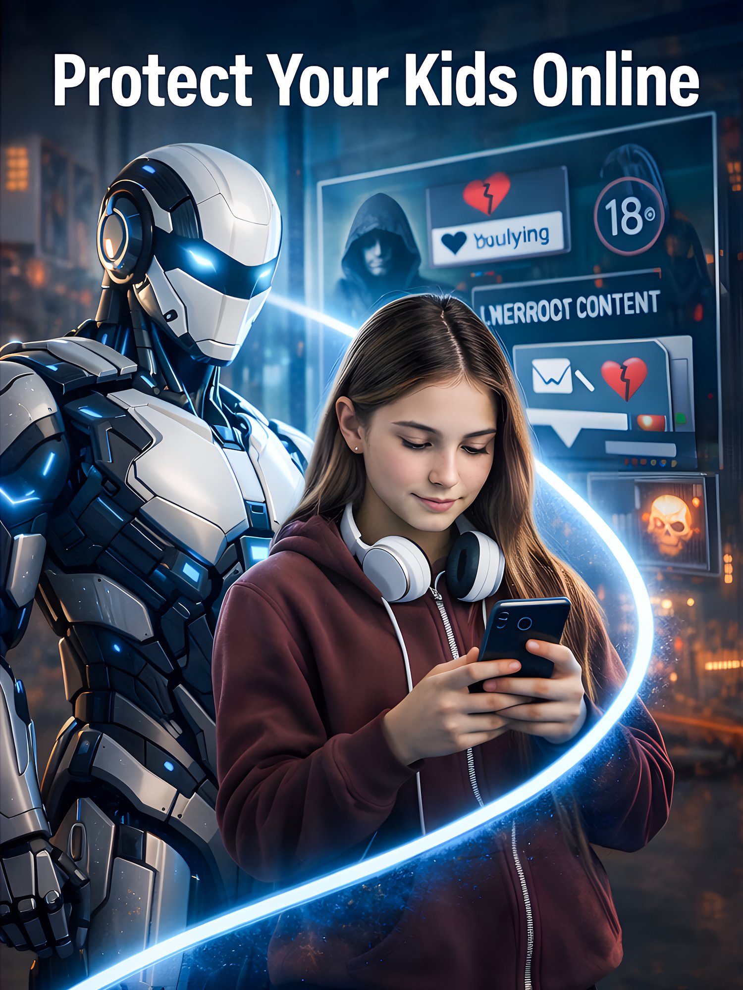 AI guardian, online safety, teen internet protection, artificial intelligence art, human AI collaboration, digital security concept, cybersecurity awareness, futuristic robot protector, safe browsing teen, AI sentry, technology editorial artwork, high res