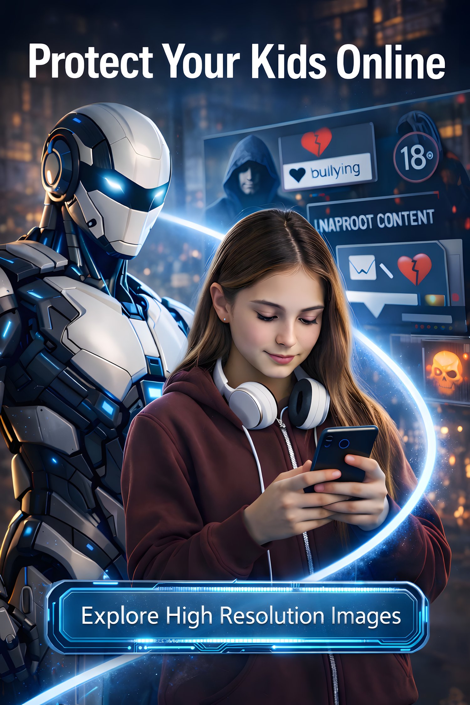 AI guardian, online safety, teen internet protection, artificial intelligence art, human AI collaboration, digital security concept, cybersecurity awareness, futuristic robot protector, safe browsing teen, AI sentry, technology editorial artwork, high res