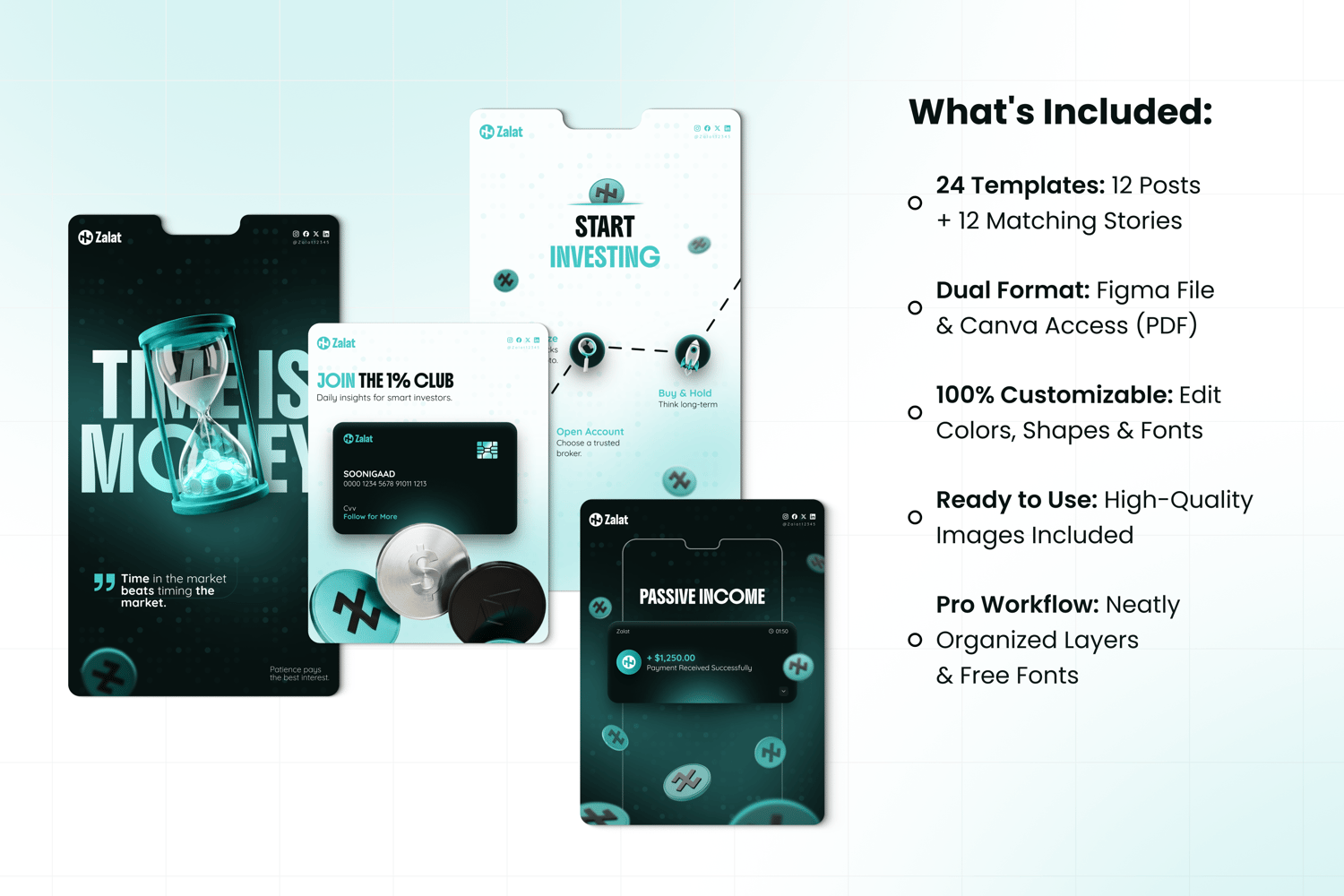 Zalat Fintech Instagram kit features: 24 Canva and Figma templates for posts and matching stories. Fully editable premium finance designs.