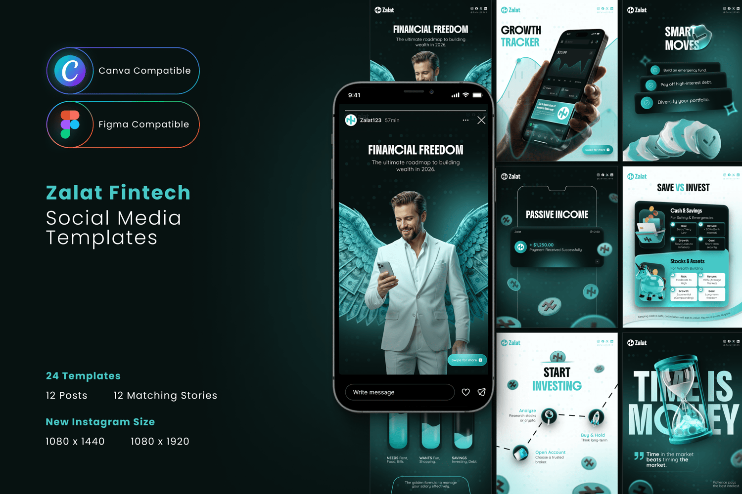Zalat Fintech Instagram post: Man with money wings using a phone. 'Financial Freedom' text on a dark background. Canva & Figma template.