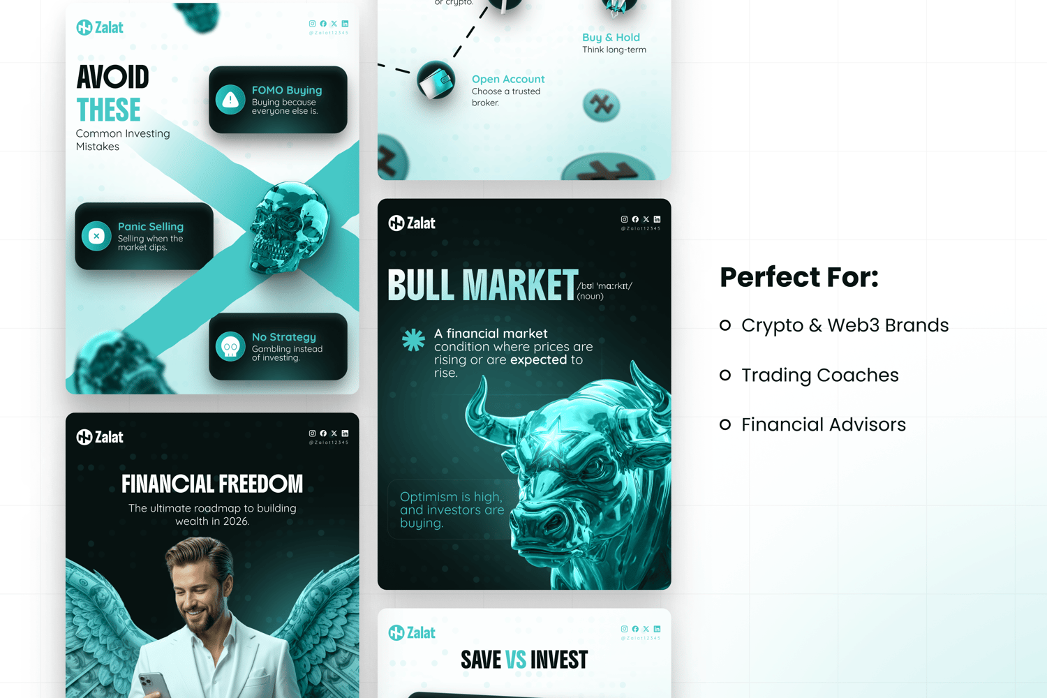 Zalat Fintech social media templates. Perfect for crypto brands, trading coaches, and financial advisors. Editable Canva and Figma kit.