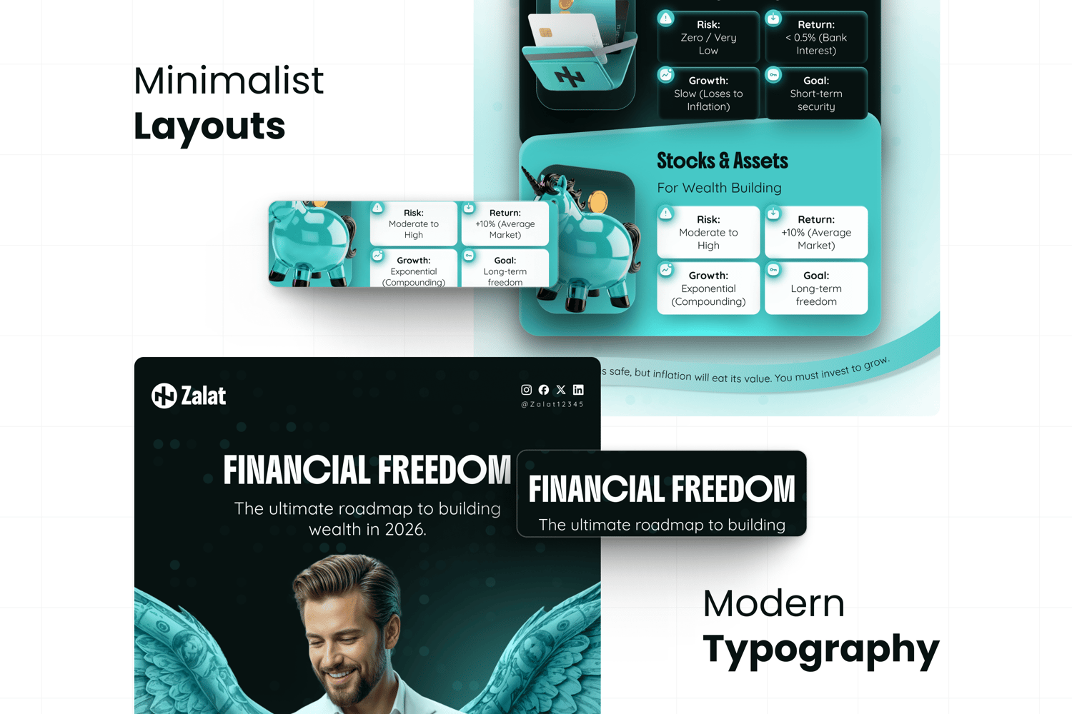 Hand holding smartphone showing Zalat Fintech & Crypto Instagram grid. Text reads: Elevate Your Brand Instantly. Premium Canva & Figma kit.