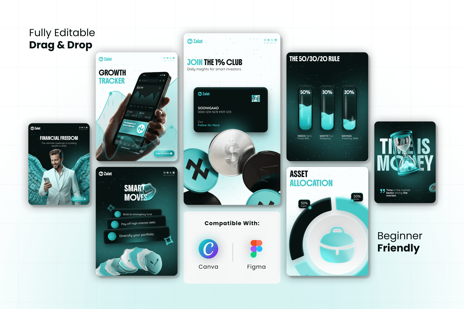 Zalat Fintech Instagram kit showing drag & drop editable templates. Beginner-friendly finance social media posts for Canva & Figma.
