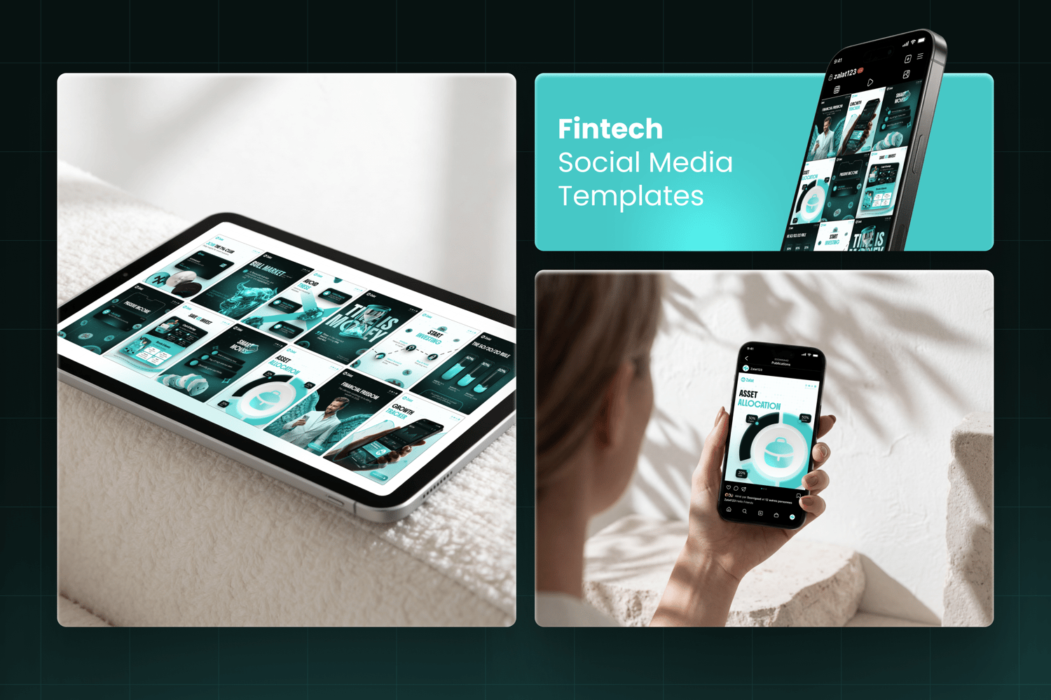 Zalat Fintech social media templates displayed on tablet and smartphone mockups. Premium Canva & Figma Instagram kit for modern finance.