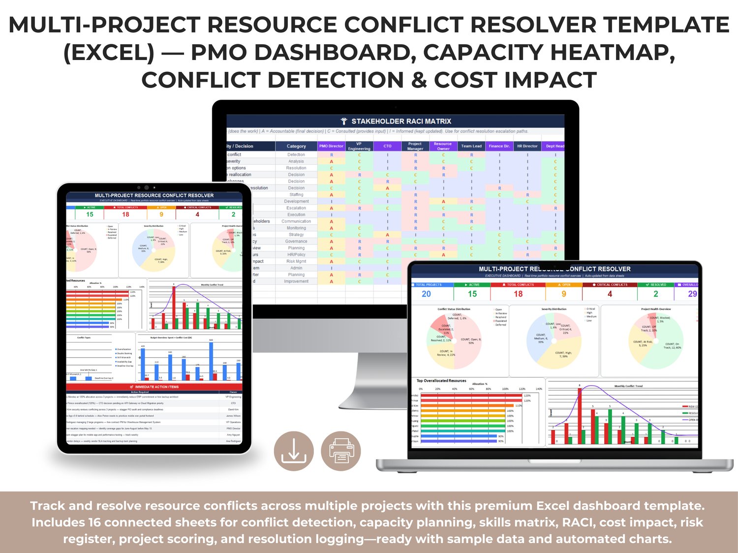 Multi-Project Resource Conflict Resolver Excel dashboard template showing portfolio KPIs, conflict severity, overallocated resources, trends, budget impact, and action items