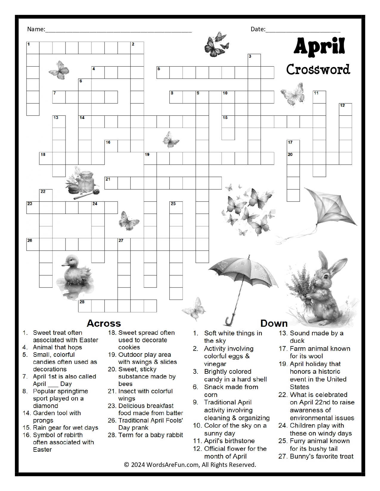 April Crossword Puzzle Printable PDF – Spring & Easter Word Bank ...