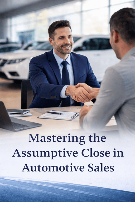 Car sales professional demonstrating the assumptive close technique in an automotive dealership sales meeting