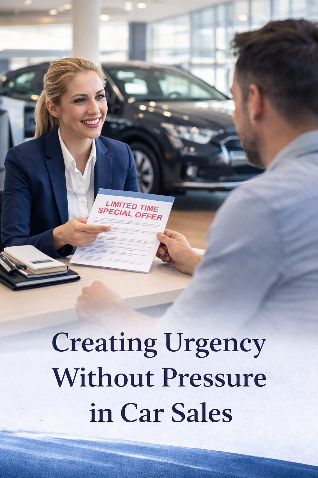 Car dealership sales professional discussing a time-sensitive vehicle offer during an automotive sales meeting