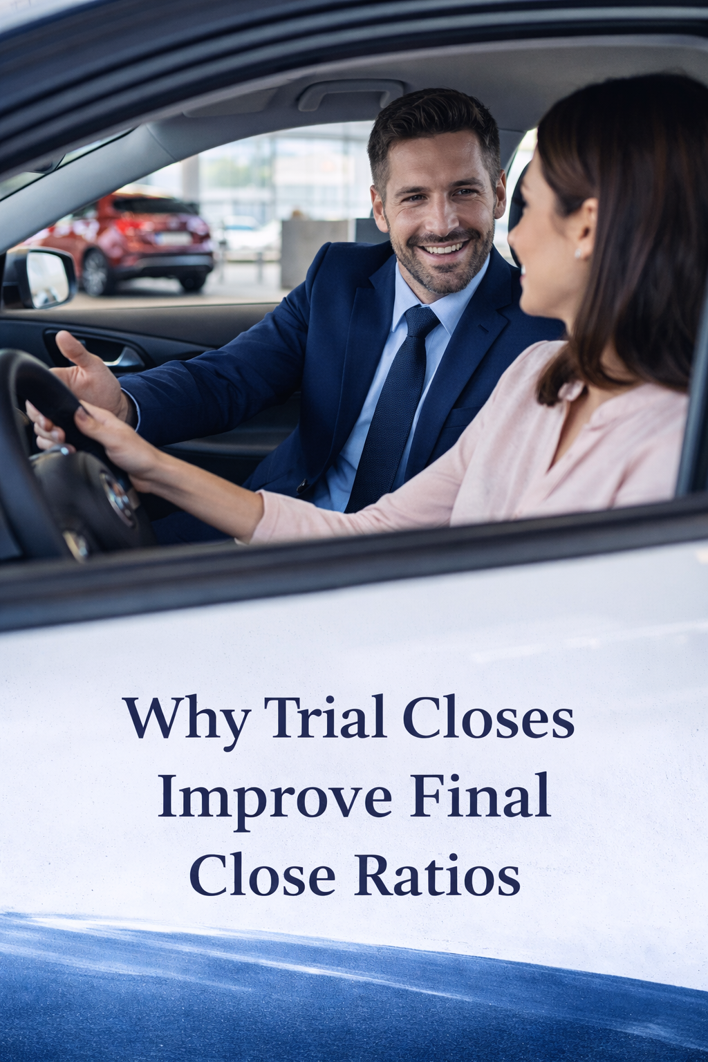 Automotive salesperson asking trial close questions during a vehicle test drive at a car dealership