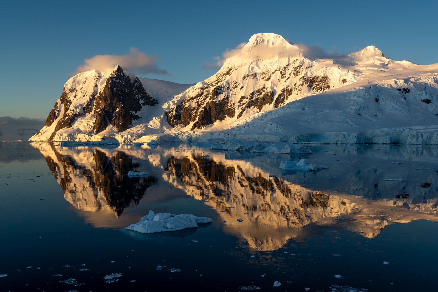 Antarctica mountains sunset reflection