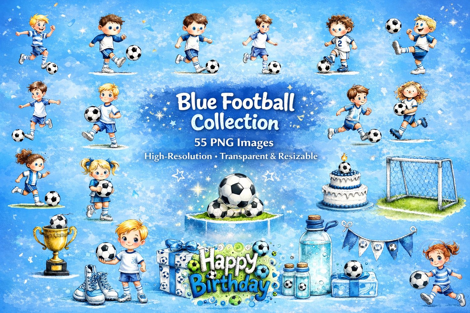 Blue Football Clipart Collection – 55 PNG Images, Watercolour Soccer ...