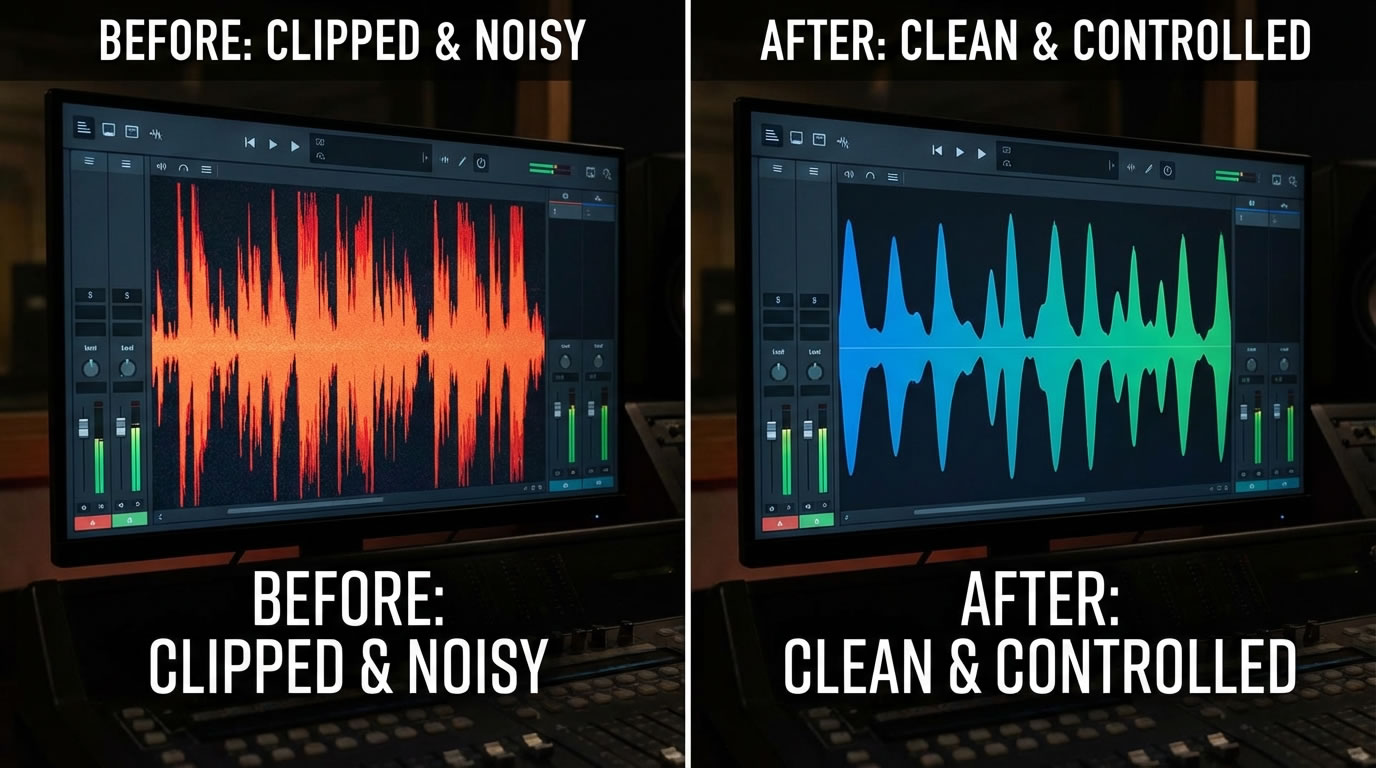 Comparison between raw AI music output and refined release-ready waveform
