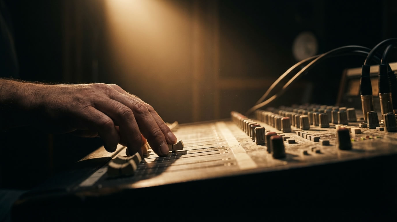 Human control adjusting a mixing console in structured music production