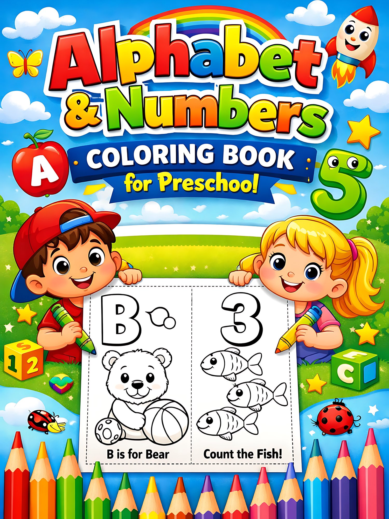 Alphabet & Numbers Coloring Book for Preschool – Big letters & numbers, thick outlines, fun tracing for toddlers 3–6. Printable PDF for home, preschool, and homeschool.