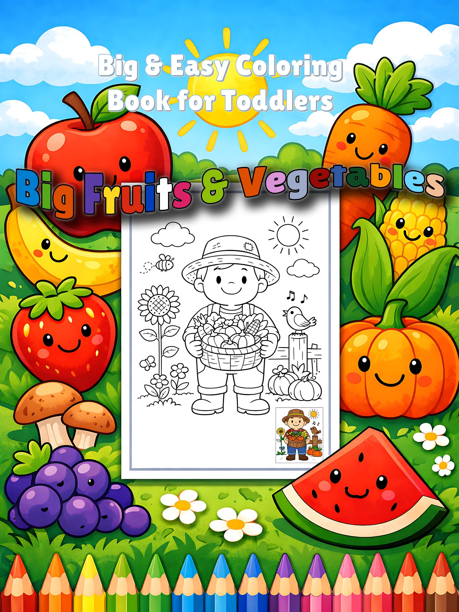 Fruits & Vegetables Coloring Pages for Toddlers – Extra big shapes, easy designs, fun early learning activity for ages 2–4. Printable preschool PDF.