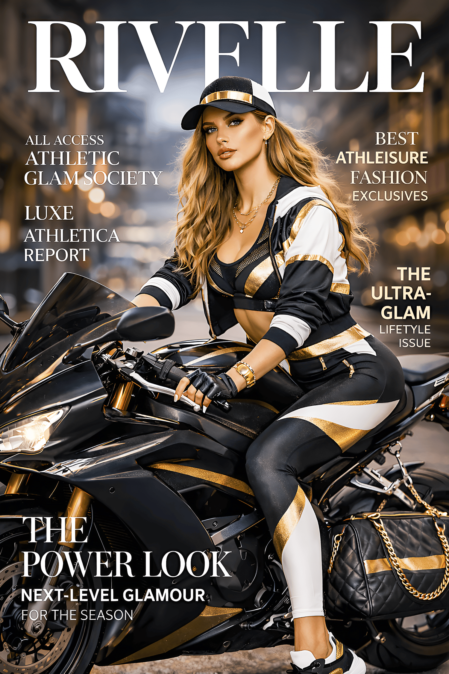 A high-fashion editorial image set blending luxury, power, and athletic elegance. Featuring ultra-detailed 8K visuals styled in black and metallic gold performance wear with coordinated accessories.
