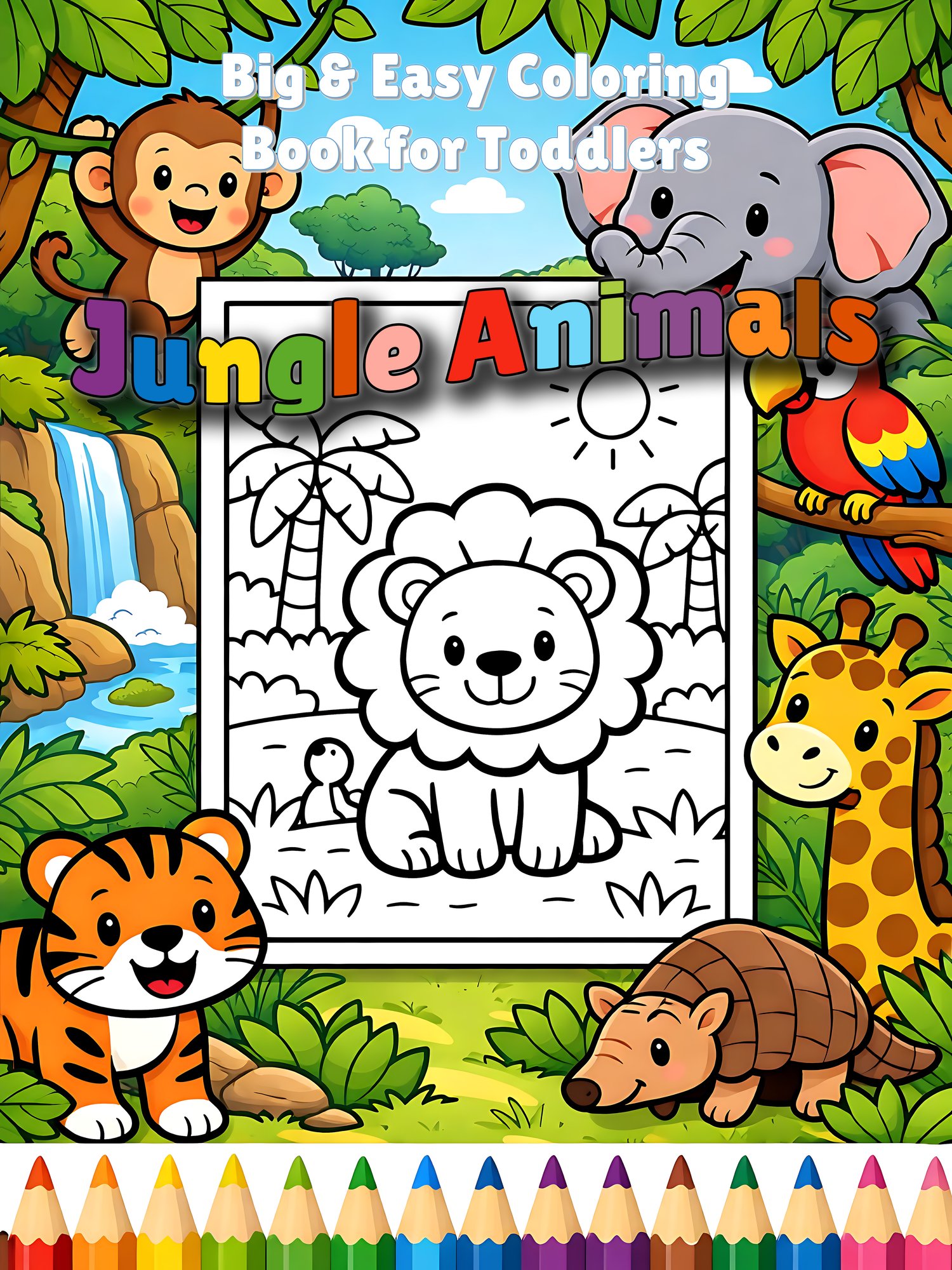 Big & Easy Jungle Animals Coloring Book – Perfect for toddlers 2–4. Extra big shapes, thick bold outlines, simple lions, elephants, monkeys & more. Printable PDF for home and preschool.